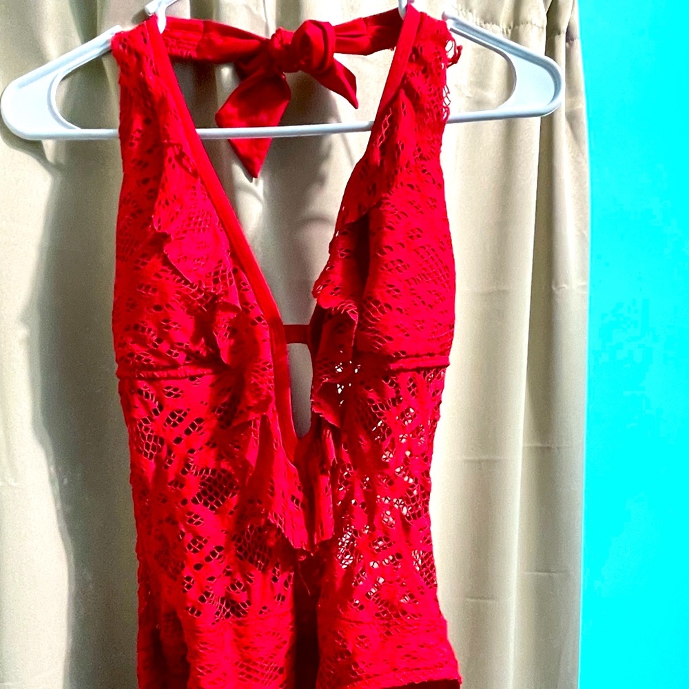 Kenneth Cole red plunge front one piece swimsuit